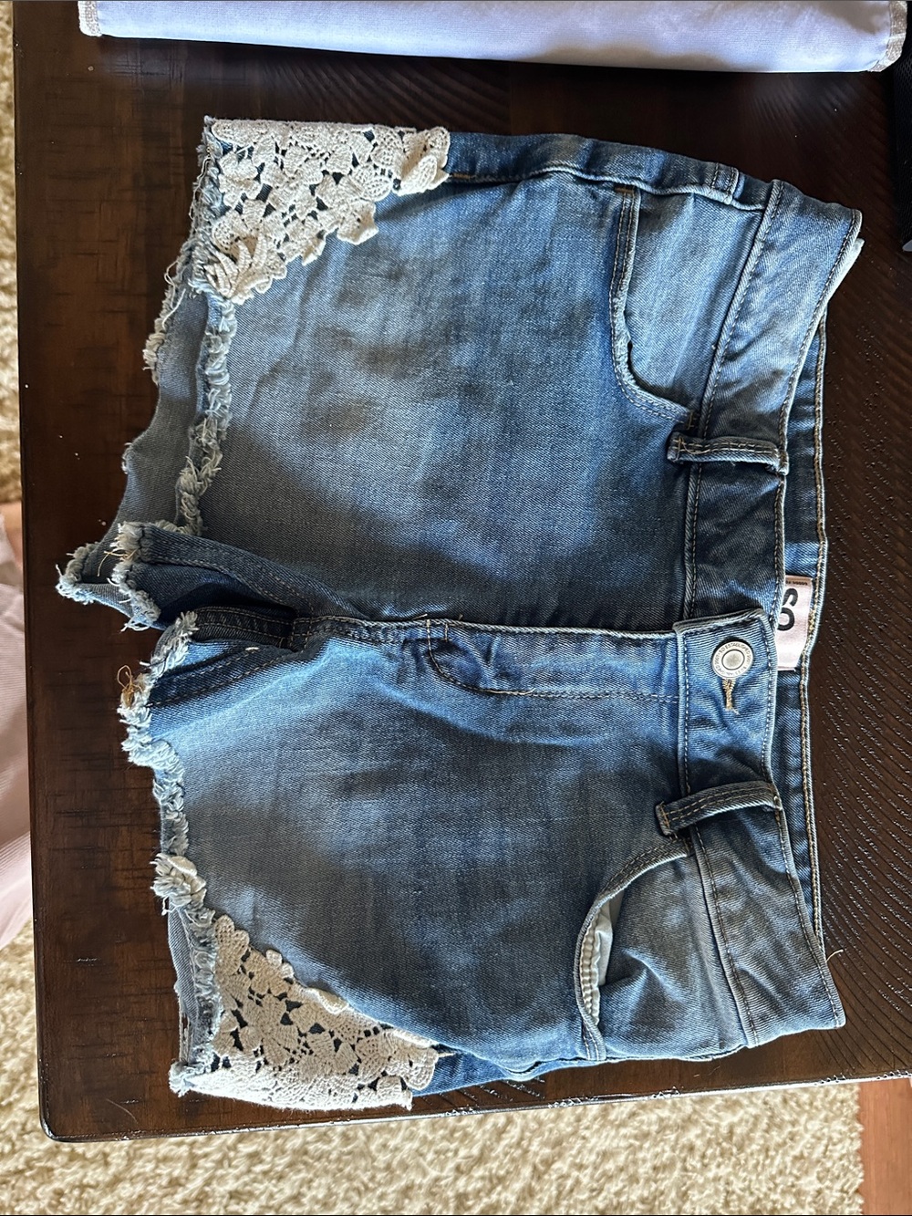 SO Girls Denim Shorts with Cream Crochet Trim - Blue